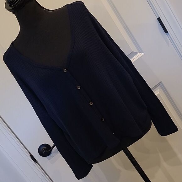 Ambiance sz S waffle knit sweater top, navy - Picture 1 of 11